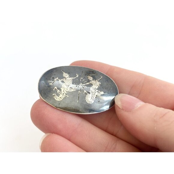 Ramasoon & Mekkala Siam Sterling Silver Vintage Thai Made Nielloware Brooch - Picture 6 of 10